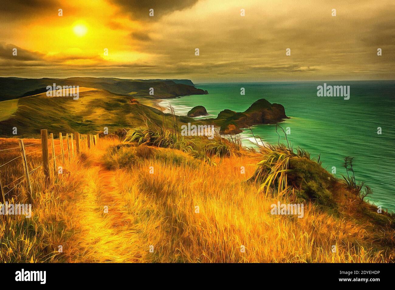 Golden glow of sunset on a grassy hill next to the ocean Stock Photo