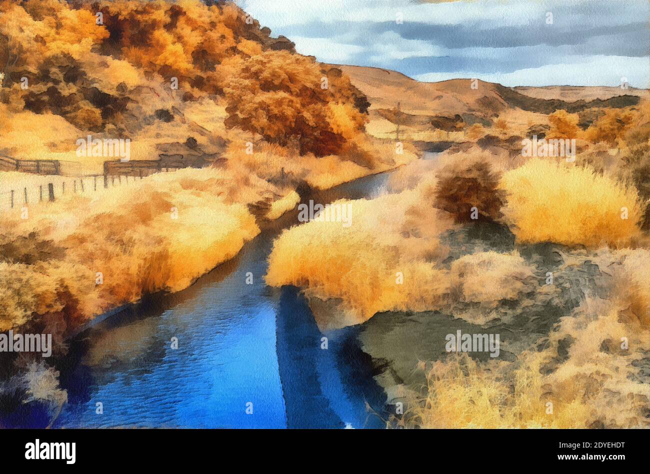 Infrared image of a Blue river through a countryside Stock Photo