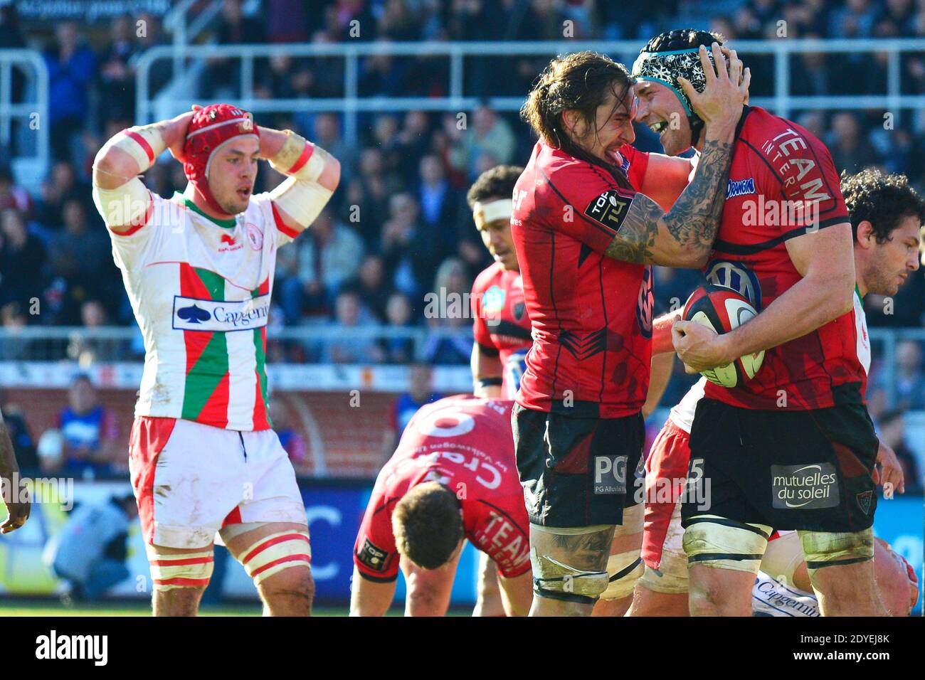 RCT's Pierrick Gunther and Nick Kennedy during the French Top 14 rugby match, RC Toulon Vs Biarritz Olympique at Mayol stadium in Toulon, France on March 9, 2013. Photo by Felix/Golesi/ABACAPRESS.COM Stock Photo