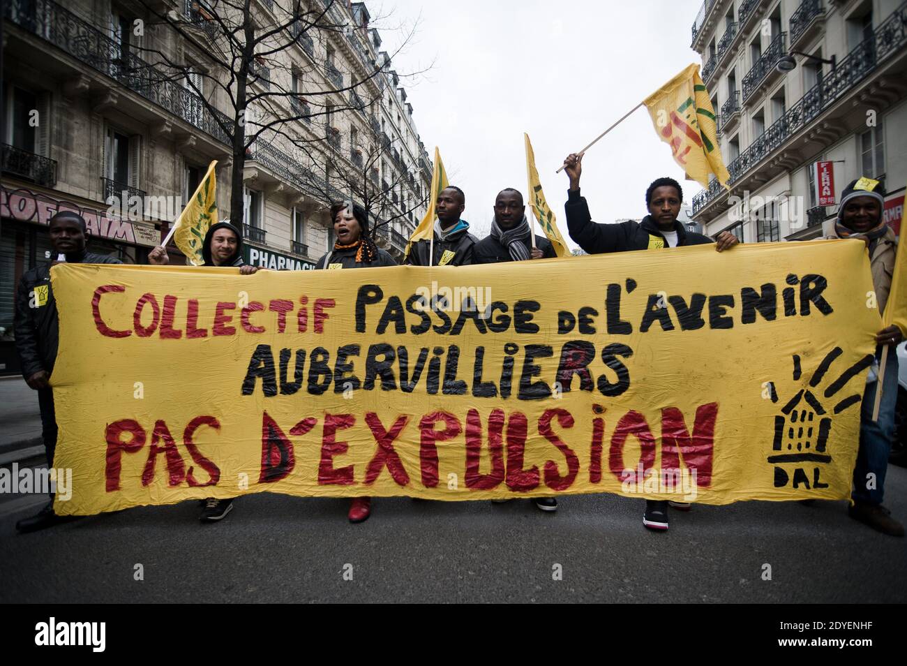 Demonstration against evictions and for the right to stable housing with other French associations and unions of unemployed people in Paris, France on March 16, 2013. Photo by Nicolas Messyasz/ABACAPRESS.COM Stock Photo