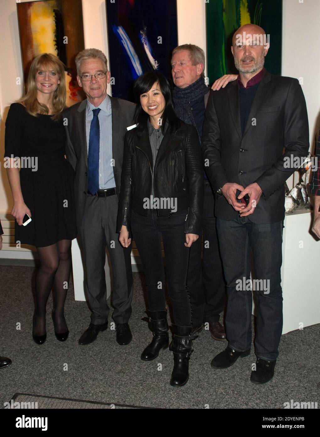 Sandrine Corman, Mayor of Saint Gervais Jean-Marc Peillex, Linh-Dan Pham,  Régis Wargnier and Franck Leboeuf pose before the opening of the 29th  International Festival Mont-Blanc D'Humour on March 17, 2013 in  Saint-Gervais-les-Bains,