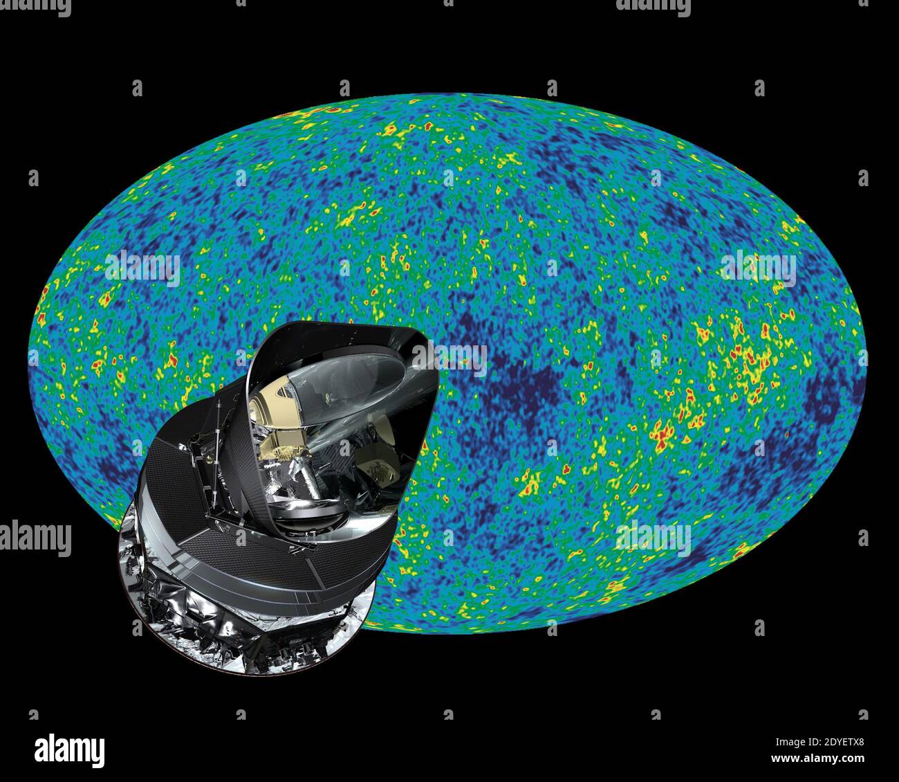 Handout photo just released by the European Space Agency of a spectacular new map of the 'oldest light' in the sky. ESA’s Planck satellite observes the cosmic microwave background (CMB), the radiation released into the Universe shortly after the Big Bang, about 13 700 million years ago, when the first light started to travel freely in space. From that time, what was once a searing fireball has cooled to become a background sea of microwaves. Planck measures the temperature variations across this microwave background with much better sensitivity, angular resolution and frequency range than any Stock Photo