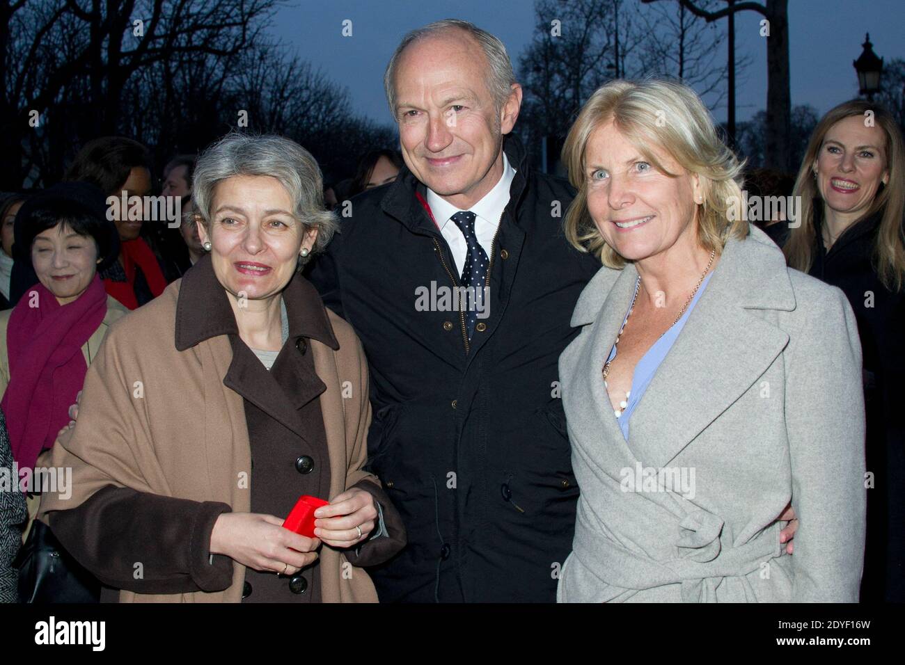 Irina Bokova, General Director of UNESCO, Jean-Paul Agon, President and General Director of L'Oréal and Président of the L'Oréal Foundation and Mrs Alain Flammarion (Suzanna) attending the unveilling of the 'L'Oreal-Unesco Awards for women in Science' photo exhibition at Avenue des Champs-Elysees on March 27, 2013 in Paris, France. Photo by Aurore Marechal/ABACAPRESS.COM Stock Photo