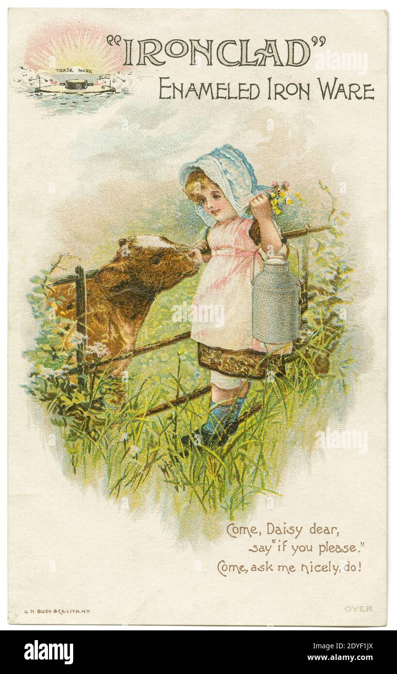 Antique c1890 chromolithographic trade card for “Enameled Iron Ware” by Iron Clad Manufacturing Co. in Brooklyn, New York. It depicts a little girl carrying a cream pail. Nellie Bly, American journalist, was head of the company after 1900. SOURCE: ORIGINAL TRADE CARD Stock Photo