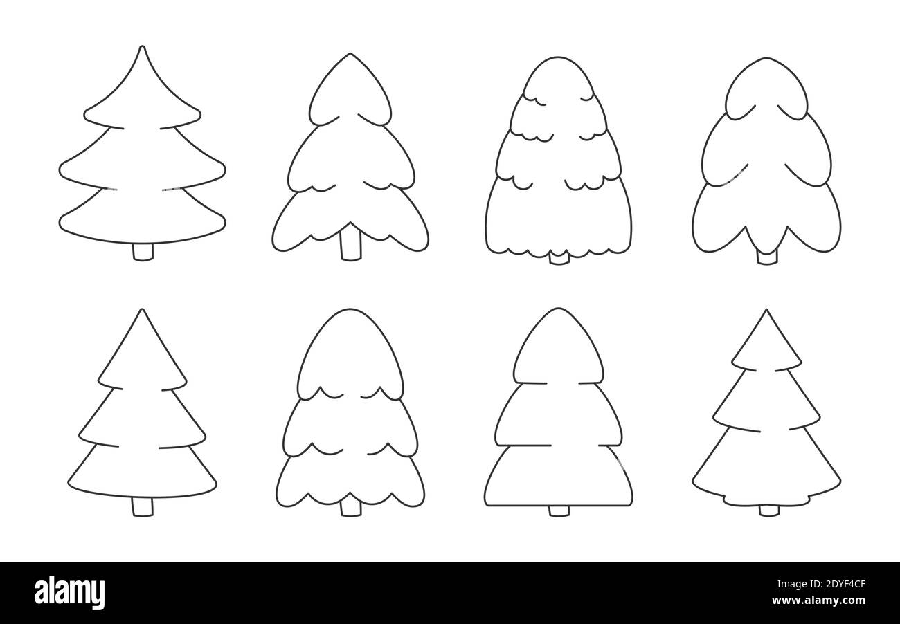 Black line Christmas forest trees, template icons set. Fir-tree different shapes. Symbol of New Year. Spruce as traditional element, symbol New Year holiday winter season. Isolated vector illustration Stock Vector
