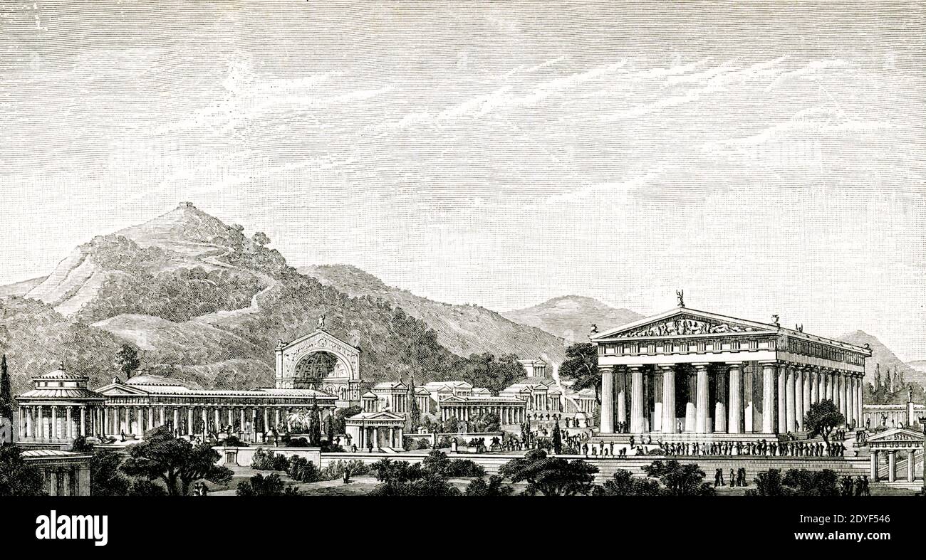 View of Olympia restored by R Bohn. The major buildings in this late 1900s illustration of the ancient Greek town of Olympia are, from left to right: Phillippeum, Heraeum, Exedra of Herodes Atticus, Metroon, Treasuries, and Temple of Zeus, In the background to the left is the Pelopium. The first recording of Olympic participants dates to 776 B.C.  The Games were held every four years. The footrace was the oldest race, and there were different length races - the fastest and oldest was the stade, which was a distance of c. 200 yards. Some races called for the runners to be armed. Stock Photo