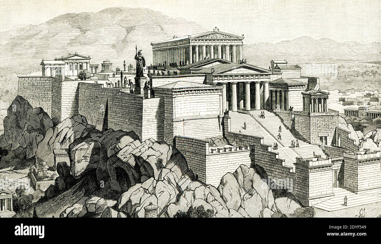 This view shows the Acropolis in Athens as restored by Thiersch. The Acropolis in Athens, Greece, is an outcrop of rock used in ancient times as a religious center. Under the fifth-century B.C. statesman Pericles, the time of the Golden Age of Athens, the temple dedicated to the goddess Athena, the Parthenon, was built. Stock Photo