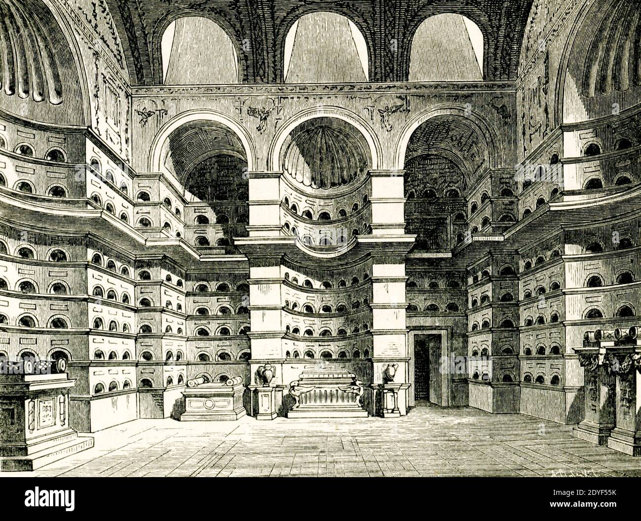 Columbarium of Livia's freed slaves reconstruction after Canina. On the Appian Way, two miles from Rome. This building was discovered in 1726, but has now almost disappeared. Careful measurements and plans were taken at the time, so that the reconstruction may be regarded as accurate,. The ground plan i s a parallelogram, 36 Roman feet long and 21 wide. In the longer sides are three bays, the center one semi-circular, those on each side rectangular. In the shorter sides there is a single bay in the center. Eight rows of niches for cinerary urns run round the walls. Further niches are placed i Stock Photo