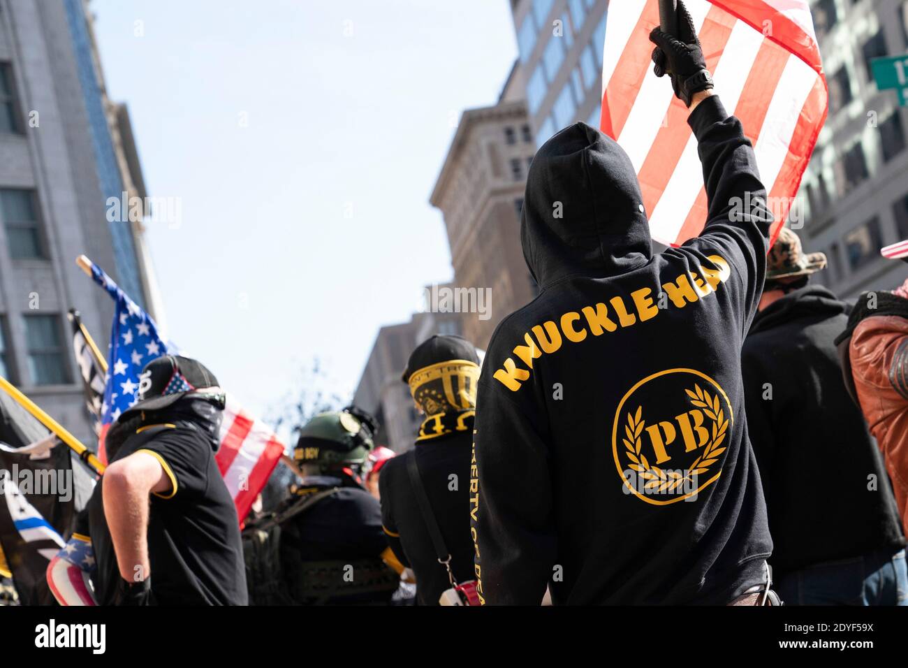 A member of the Proud Boys is seen at a gathering during the 'Million MAGA March' at Freedom Plaza in Washington, D.C., U.S., on Saturday, Nov. 14, 2020. The rally comes one week after news organizations projected Joe Biden as the winner of the 2020 election and President Trumps refusal to acknowledge he lost. Credit: Alex Edelman/The Photo Access Stock Photo