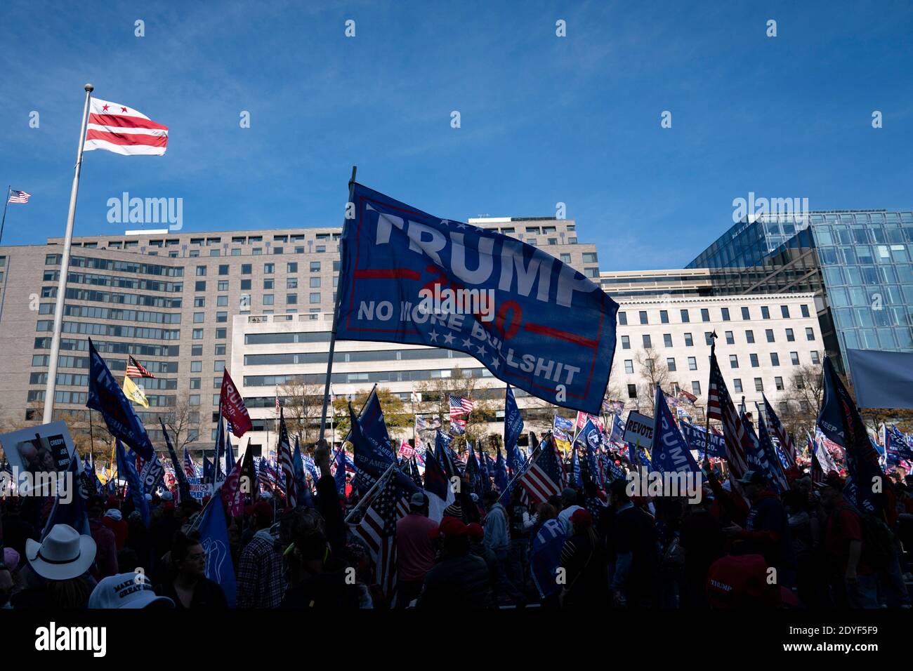 Demonstrators gather during the 'Million MAGA March' at Freedom Plaza in Washington, D.C., U.S., on Saturday, Nov. 14, 2020. The rally comes one week after news organizations projected Joe Biden as the winner of the 2020 election and President Trumps refusal to acknowledge he lost. Credit: Alex Edelman/The Photo Access Stock Photo