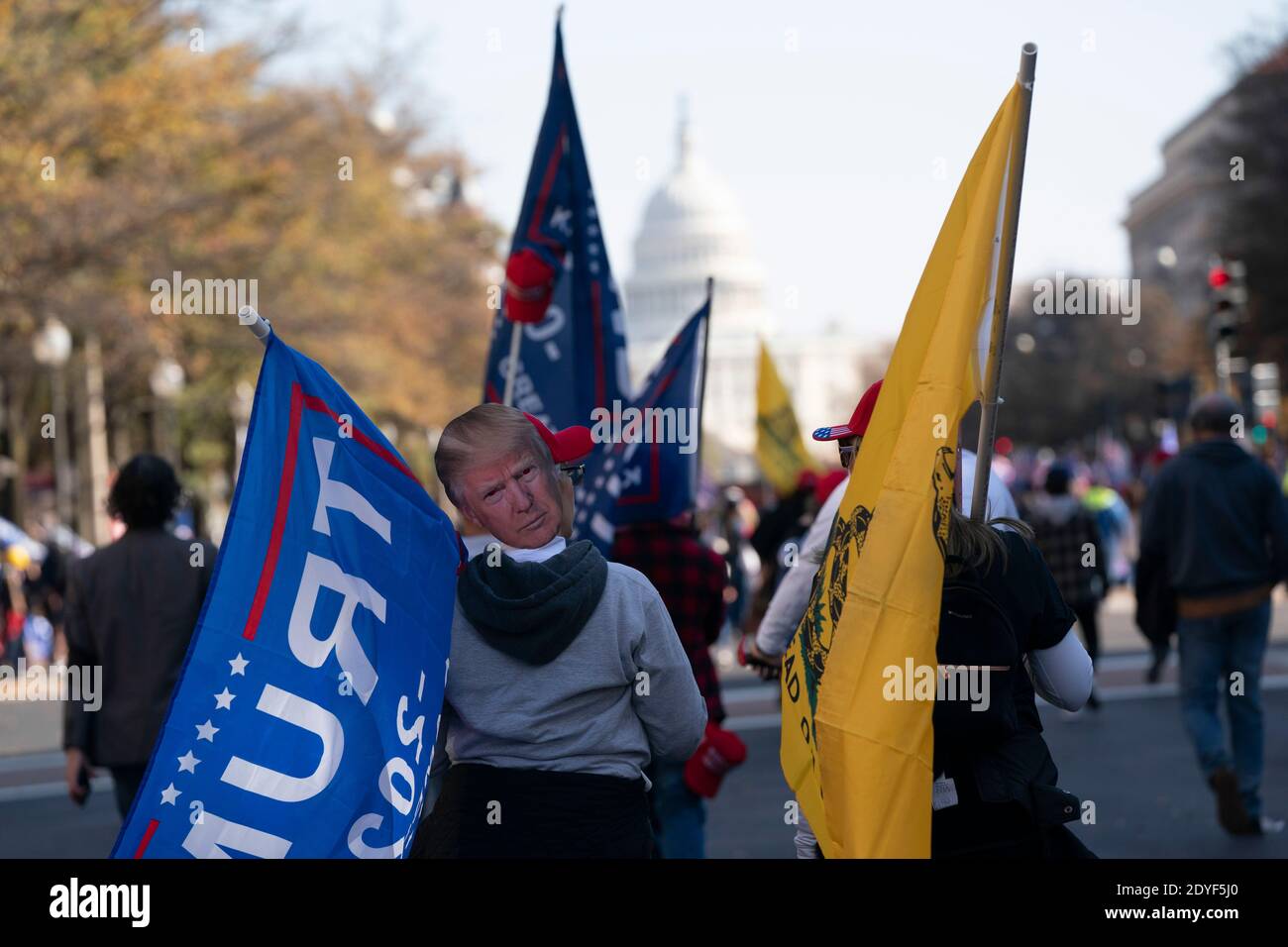 Demonstrators gather during the 'Million MAGA March' at Freedom Plaza in Washington, D.C., U.S., on Saturday, Nov. 14, 2020. The rally comes one week after news organizations projected Joe Biden as the winner of the 2020 election and President Trumps refusal to acknowledge he lost. Credit: Alex Edelman/The Photo Access Stock Photo