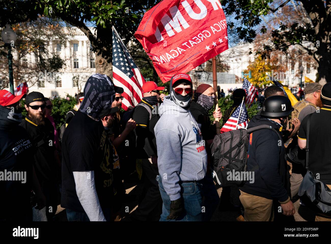 Members of the proud boys are seen at a gathering during the 'Million MAGA March' at Freedom Plaza in Washington, D.C., U.S., on Saturday, Nov. 14, 2020. The rally comes one week after news organizations projected Joe Biden as the winner of the 2020 election and President Trumps refusal to acknowledge he lost. Credit: Alex Edelman/The Photo Access Stock Photo