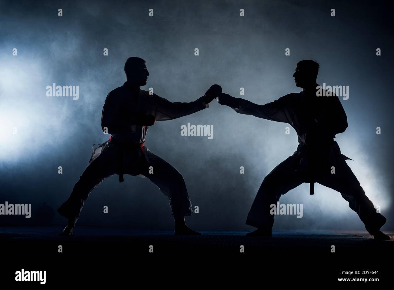 Karate martial arts. Fighters isolated on dark background Stock Photo