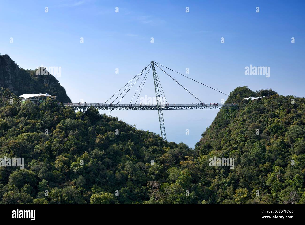 Langkawi Island, Malaysia - Dec 23, 2018: Aerial view of of Langkawi Sky Bridge and visitors seen exploring the bridge and viewpoint, Langkawi Island, Stock Photo