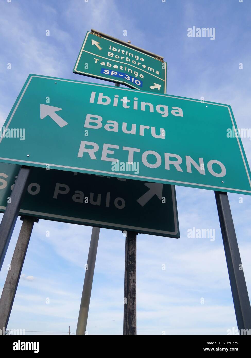 Group of metal signs indicating multiple locations in a confuse way at brazilian countryside Stock Photo