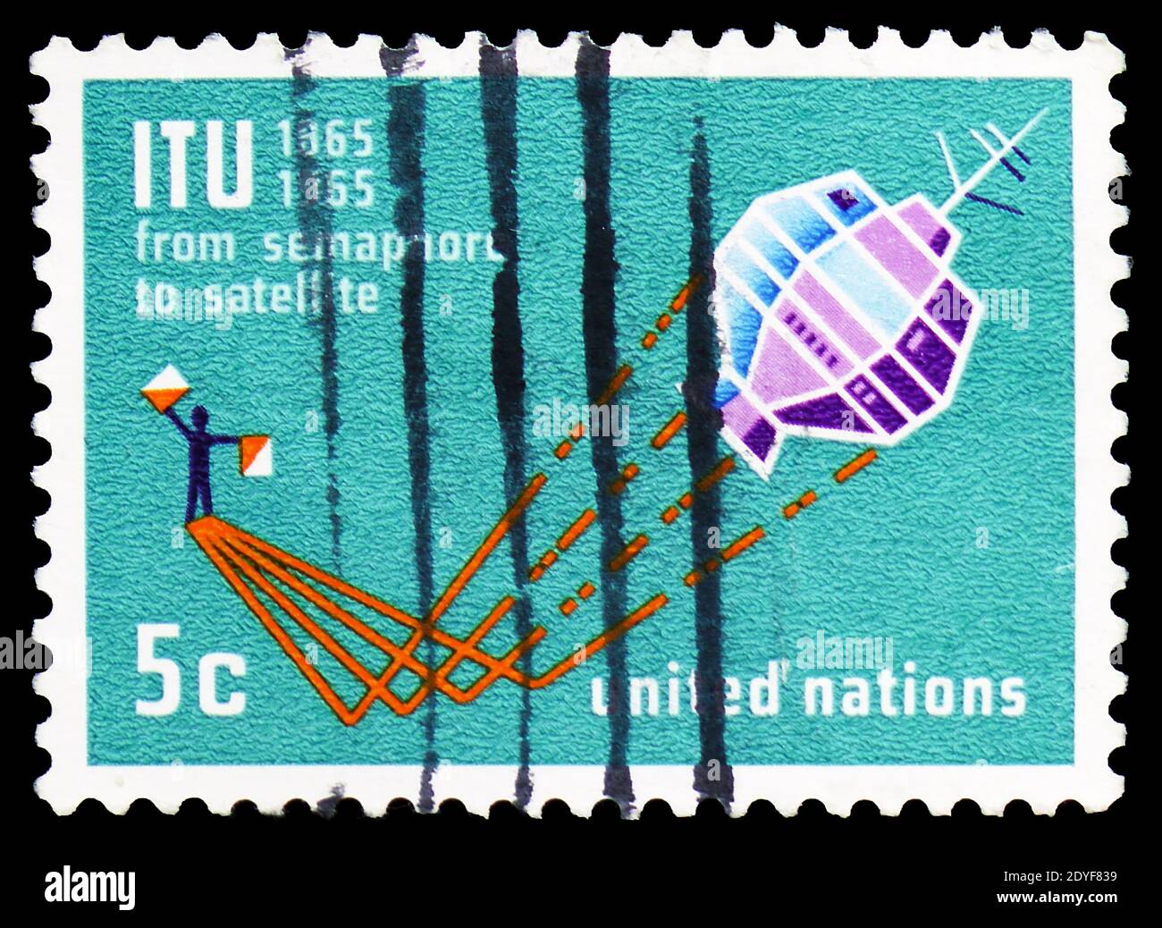 MOSCOW, RUSSIA - MARCH 23, 2019: A stamp printed in UNO New York shows Telstar Communications Satellite, ITU serie, circa 1965 Stock Photo