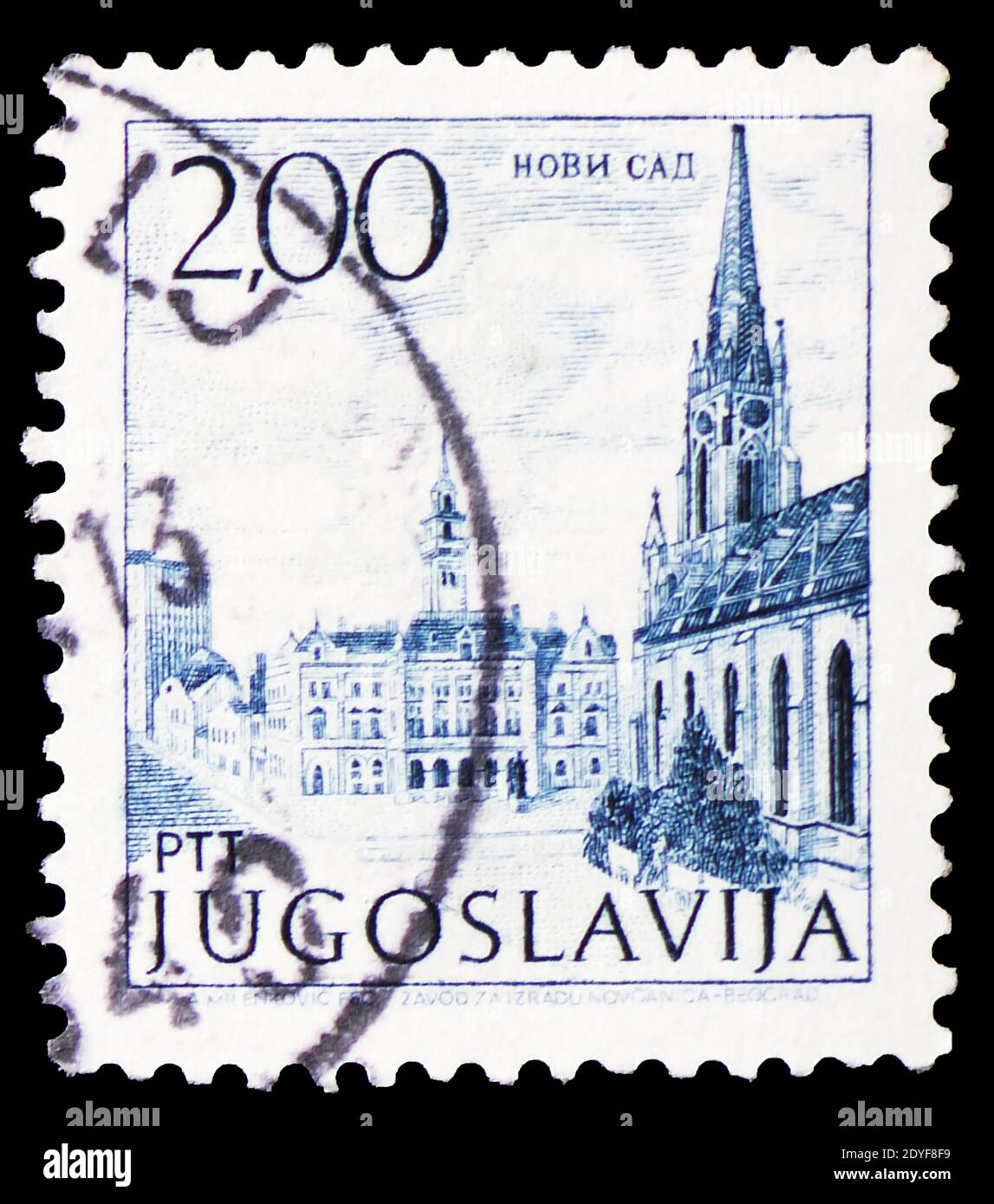 MOSCOW, RUSSIA - MARCH 23, 2019: A stamp printed in Yugoslavia shows City Hall Square with Cathedral, Novi Sad, Tourism-Definitive Small serie, circa Stock Photo