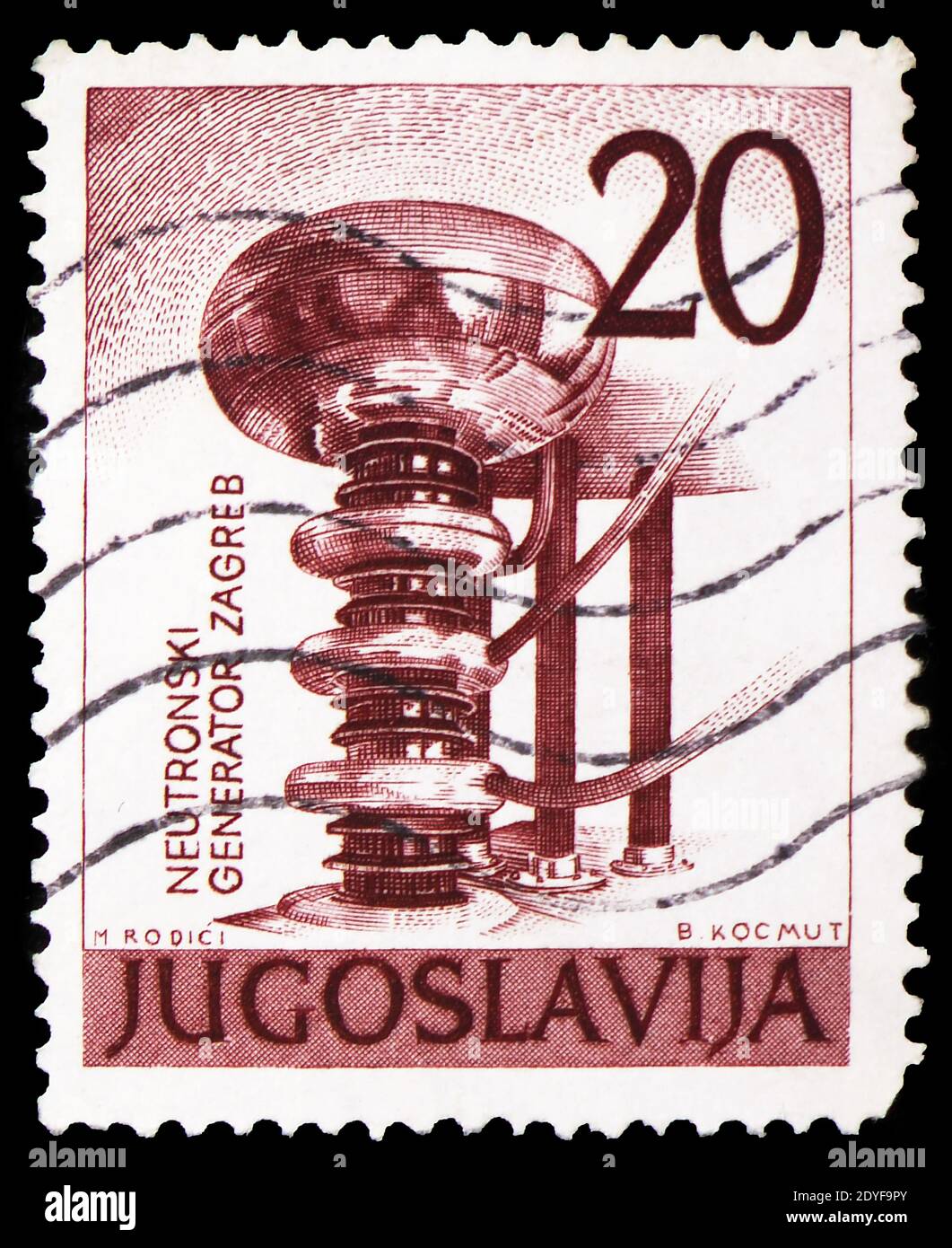 MOSCOW, RUSSIA - FEBRUARY 22, 2019: A stamp printed in Yugoslavia shows Neutrons Generator, Exposition Nuclear Energy serie, circa 1960 Stock Photo