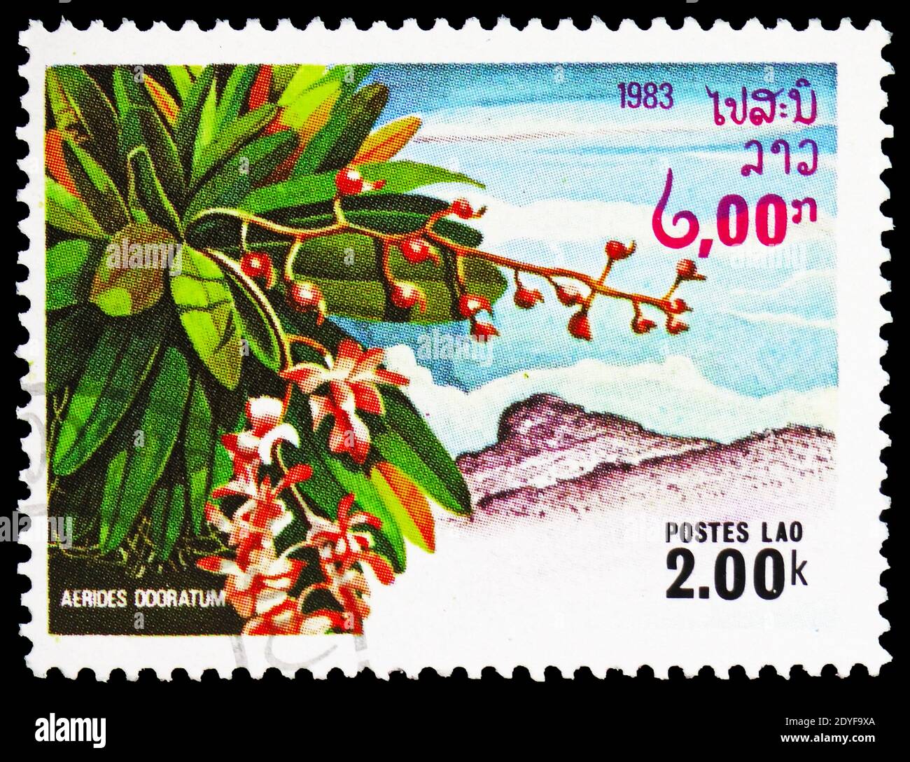 MOSCOW, RUSSIA - FEBRUARY 22, 2019: A stamp printed in Laos shows Aerides odoratum, Flora  serie, circa 1983 Stock Photo