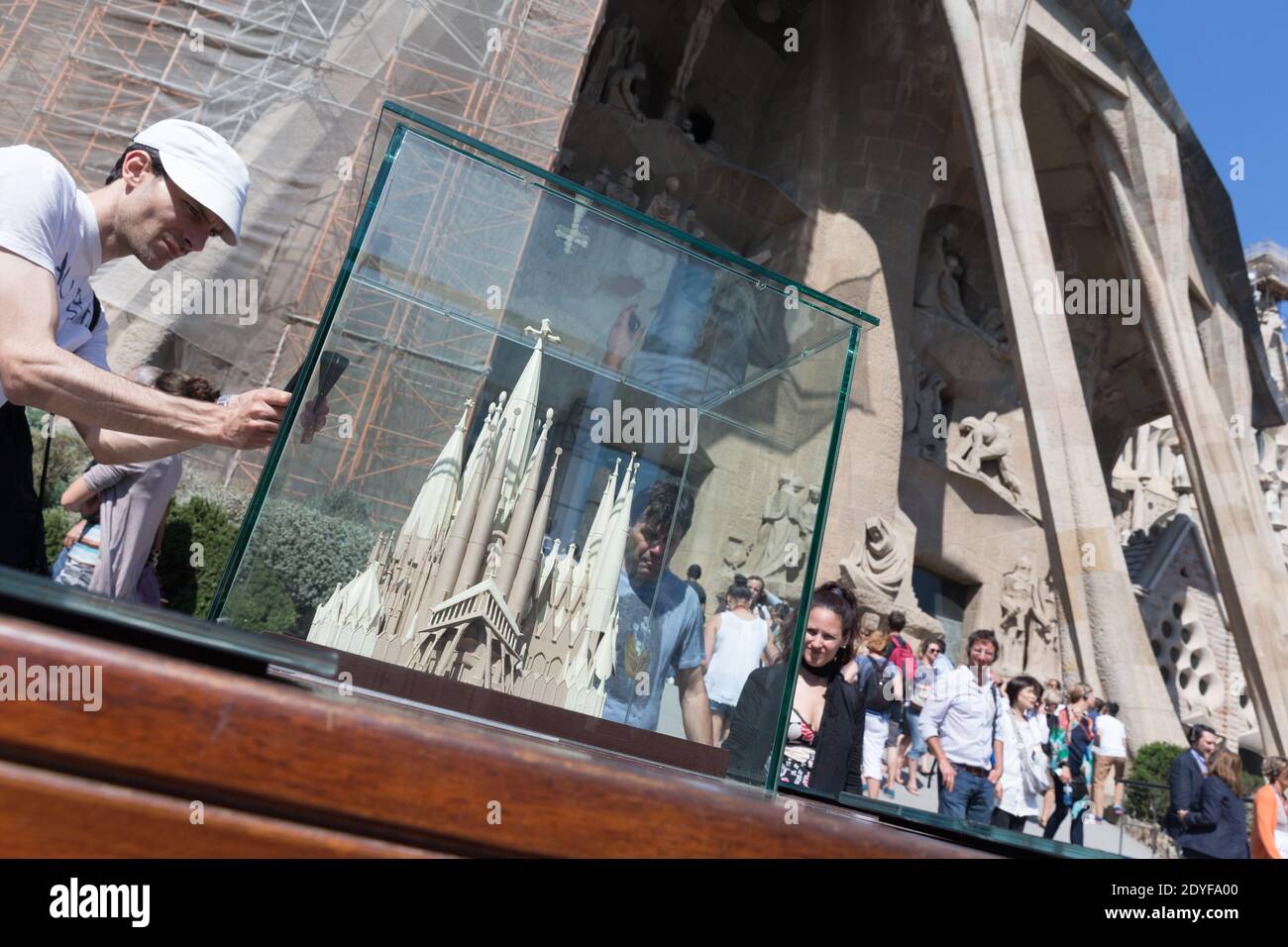 Spain Barcelona Model Of The Completed  Sagrada Familia Church in front of the actual building Stock Photo