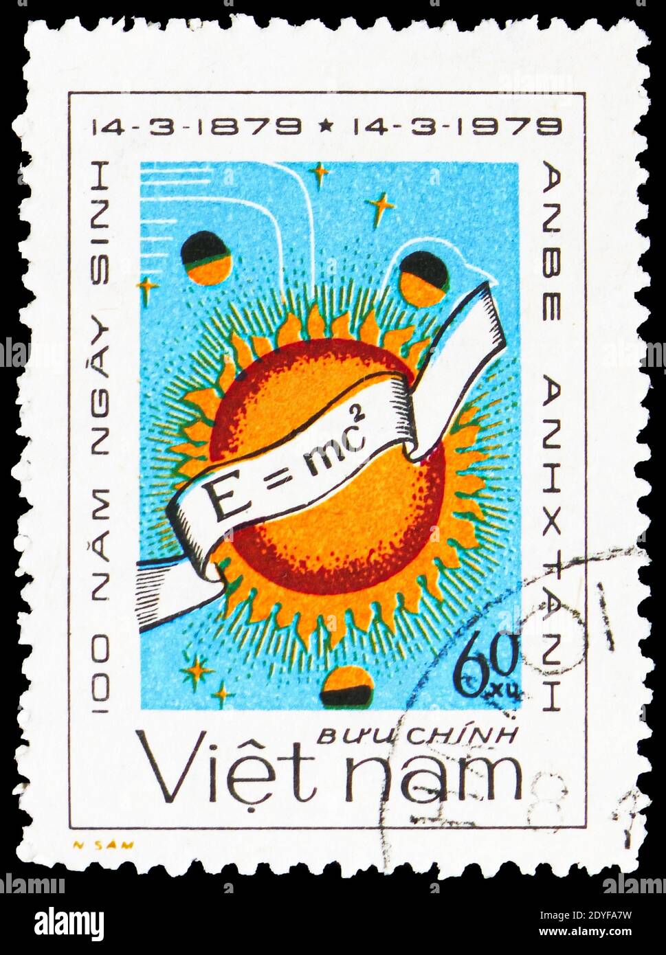 MOSCOW, RUSSIA - FEBRUARY 22, 2019: A stamp printed in Vietnam shows Equation, sun, planets, 100th anniversary of the birth of Albert Einstein (1879-1 Stock Photo