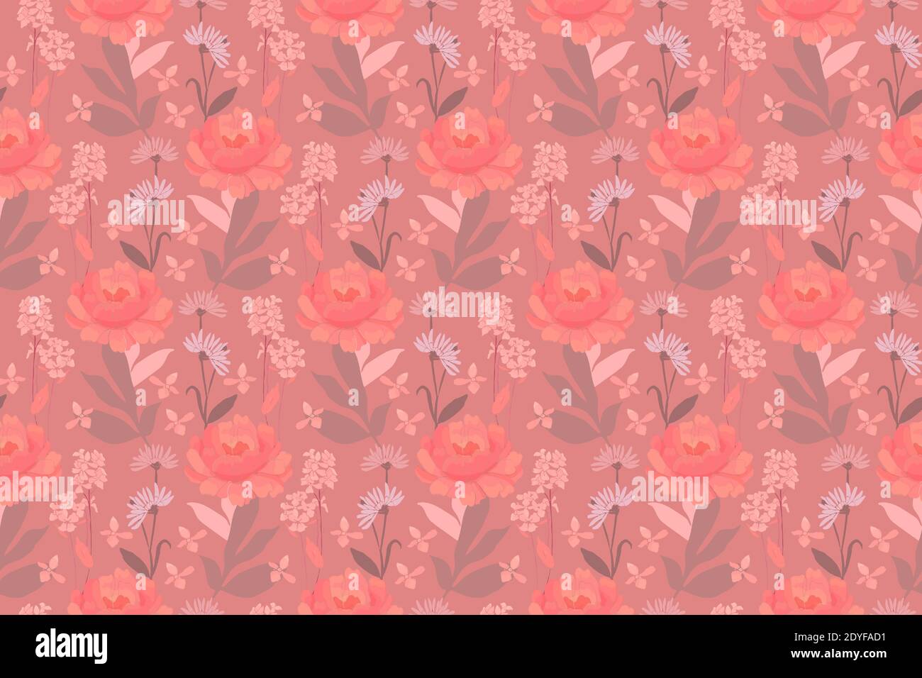 Vector floral seamless pattern. Pink, coral color, coffee color flowers, leaves. Stock Vector