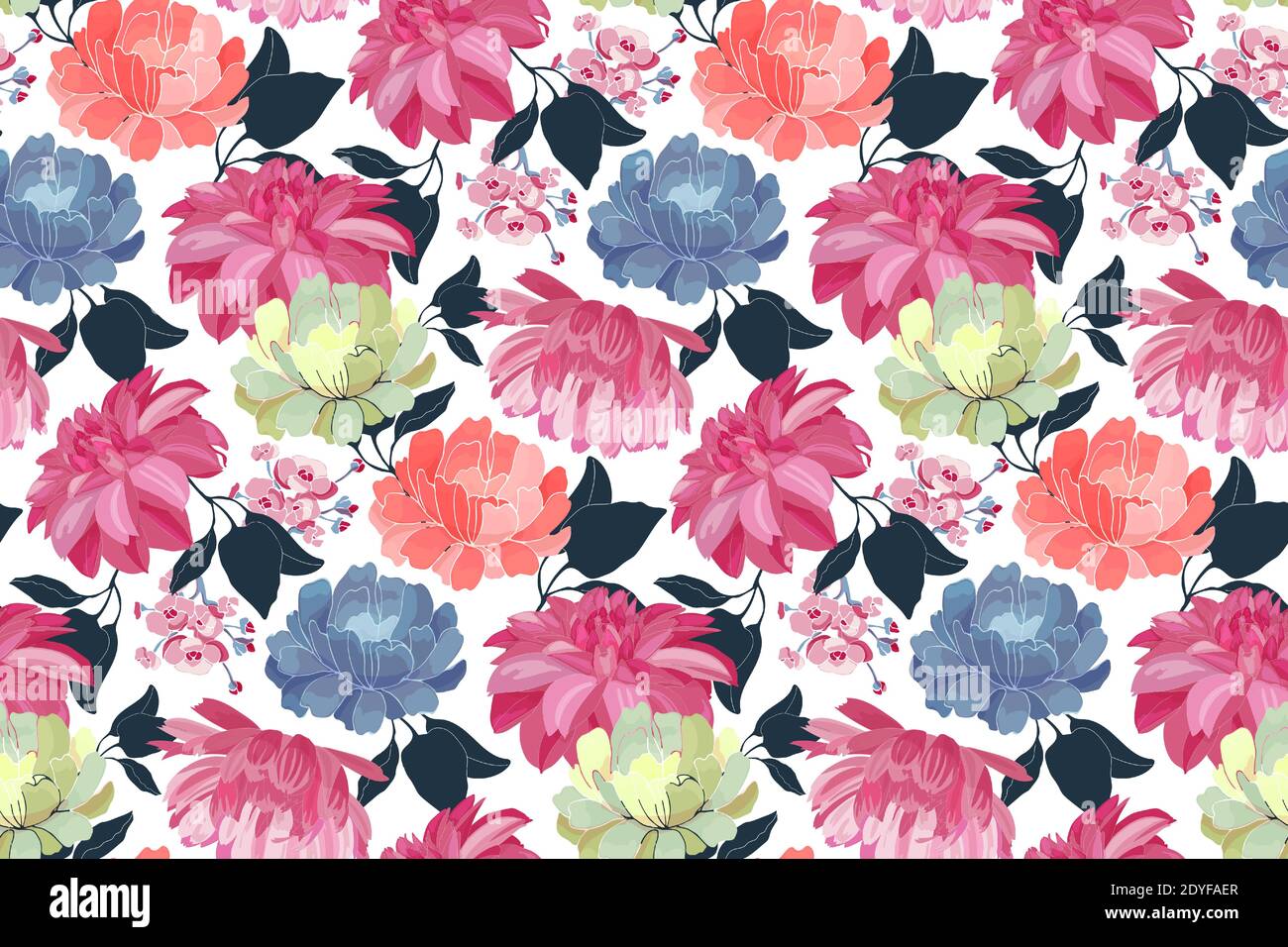 Vector floral seamless pattern. Pink, blue, yellow, coral color flowers. Stock Vector