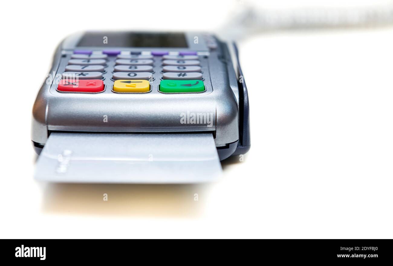 Modern bank terminal on the white. Buttons of the keyboard of the POS terminal. Stock Photo