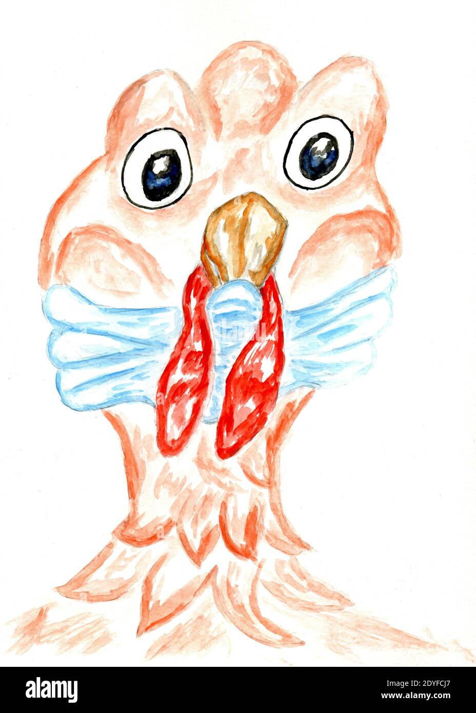 Cartoon turkey bird portrait in face mask hand drawn illustration. Stock Photo