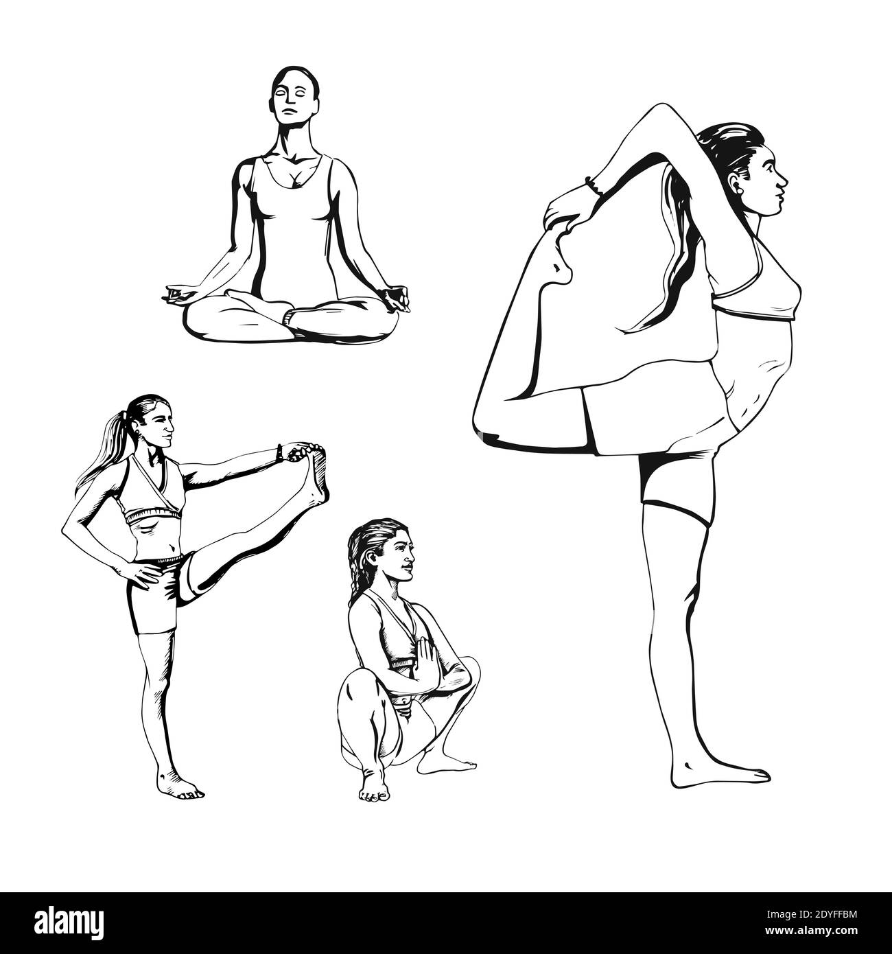 Yoga poses vector illustration outline sketch hand drawn with black lines  isolated on white background. Set 5. Stock Vector | Adobe Stock