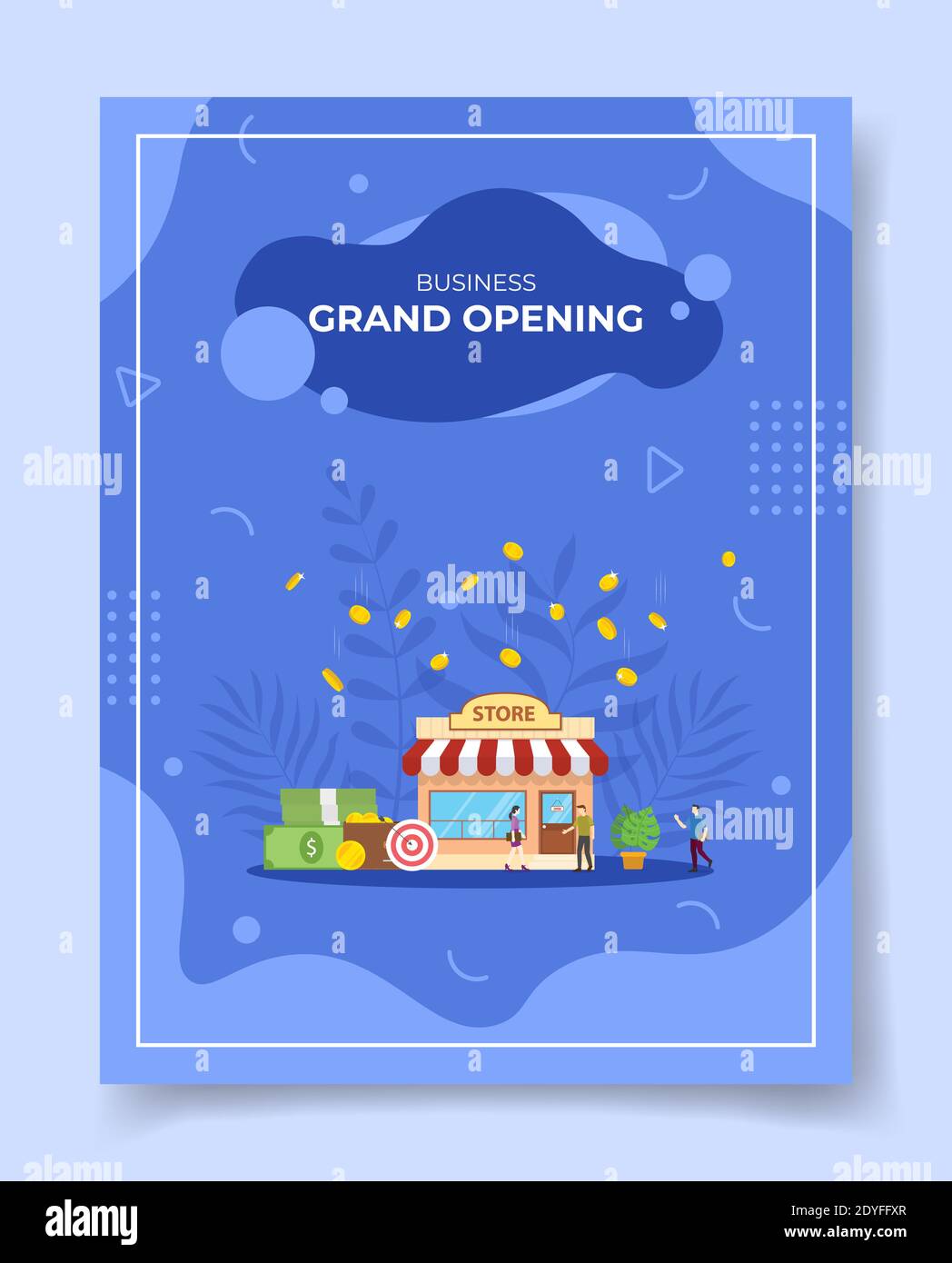 grand opening concept people standing front store fall coin money