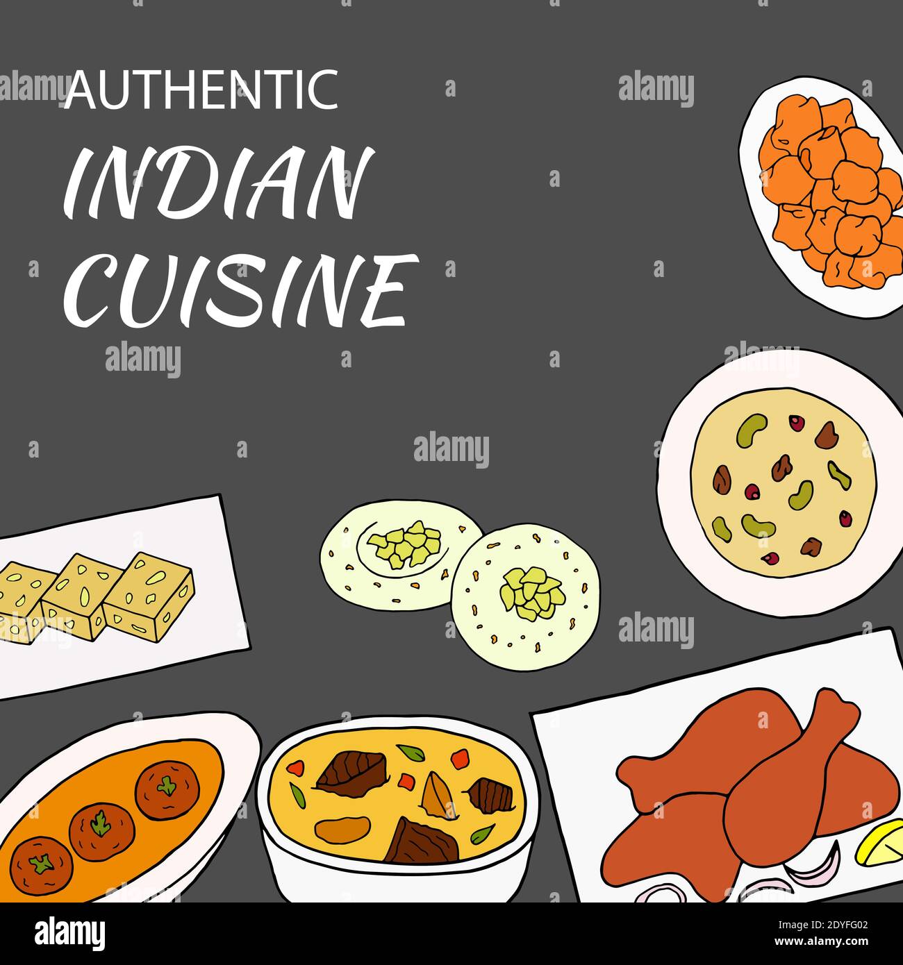 Vector hand drawn of indian cuisine poster with curry, sesame barfi, malai kofta, navratan korma