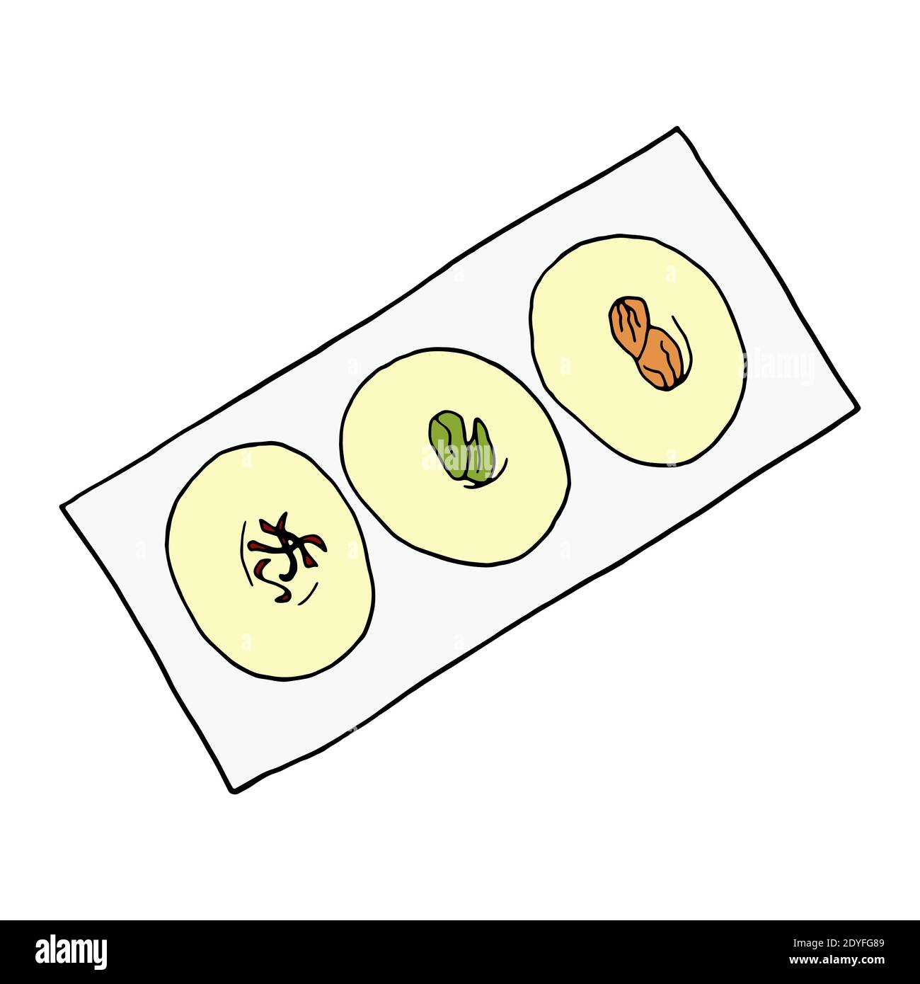 Vector hand drawn doodle sandesh. Indian dessert. Design sketch element for menu cafe, restaurant, label and packaging. Colorful illustration on a whi Stock Vector