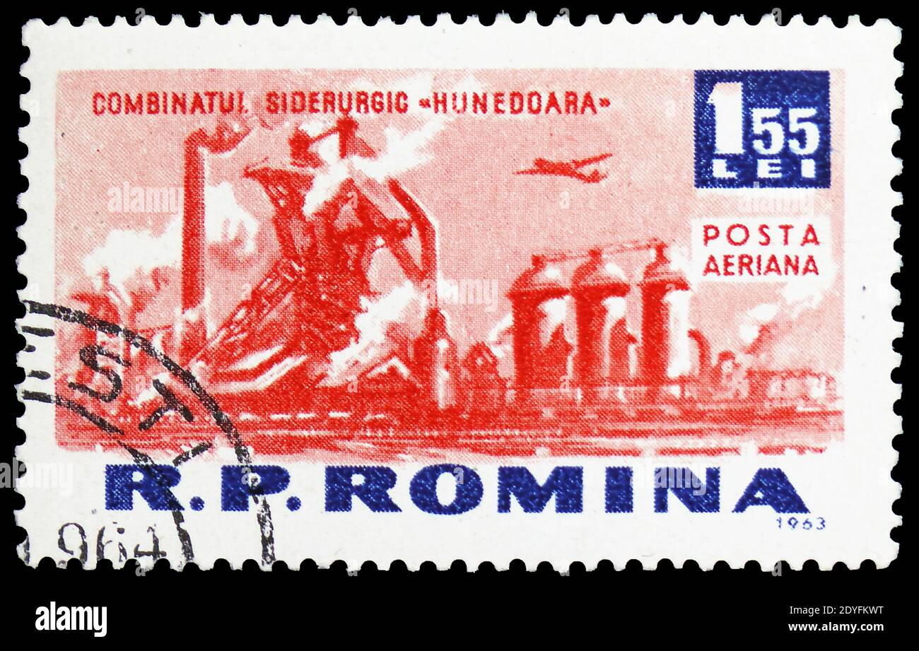 MOSCOW, RUSSIA - MARCH 23, 2019: Postage stamp printed in Romania shows Metal plant (Hunedoara), Socialism construction in R.P.R. serie, circa 1963 Stock Photo