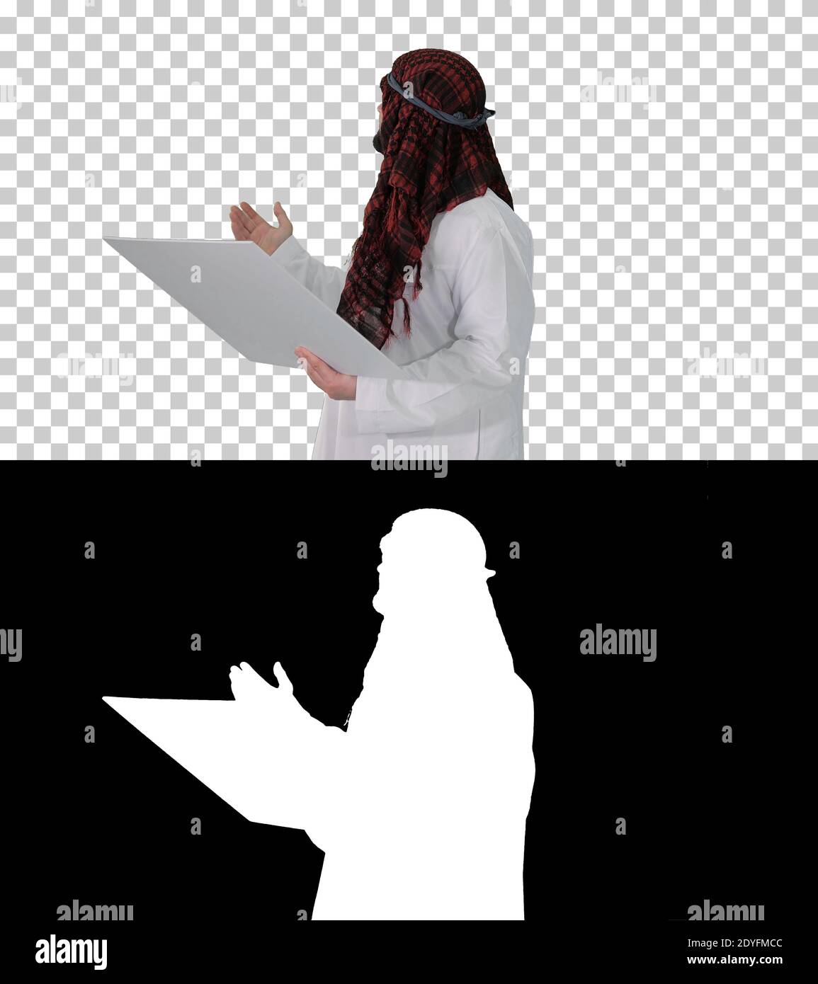 Sheikh looking at blueprint and at the object, Alpha Channel wit Stock Photo
