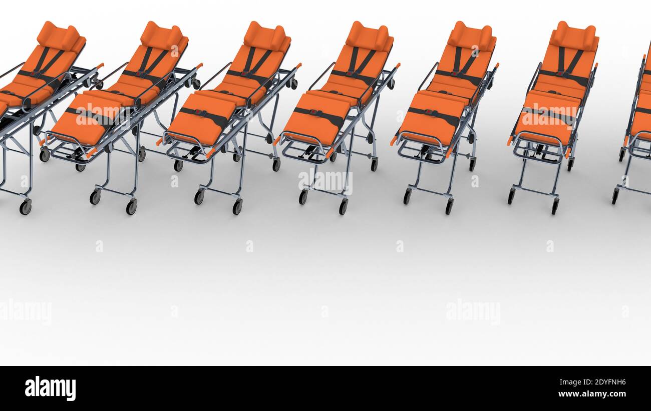 row of orange medical gurneys with copy space. 3d rendering Stock Photo