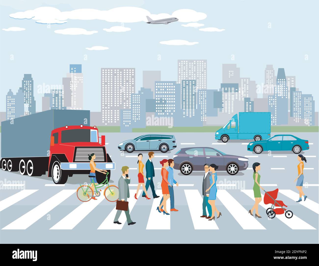City with road traffic, apartment buildings and pedestrians on the crosswalk,, illustration Stock Vector