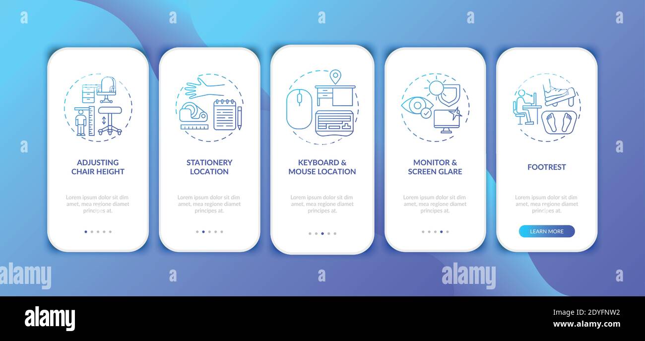 Office ergonomics tips onboarding mobile app page screen with concepts Stock Vector