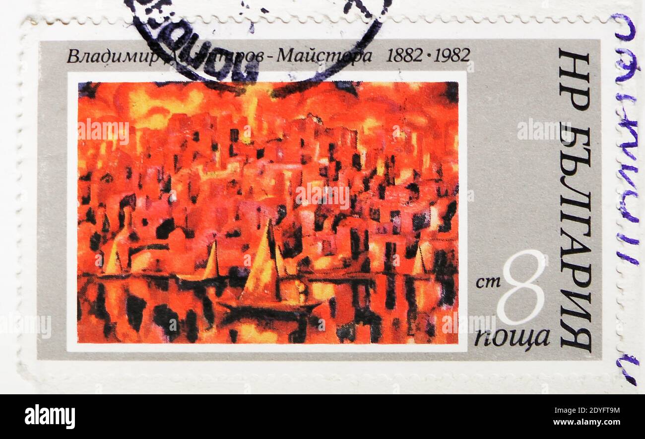 MOSCOW, RUSSIA - JULY 15, 2019: Postage stamp printed in Bulgaria shows V. Dimitrov-Majstor, 'Landscape', 100th birthday of Vladimir Dimitrov serie, c Stock Photo