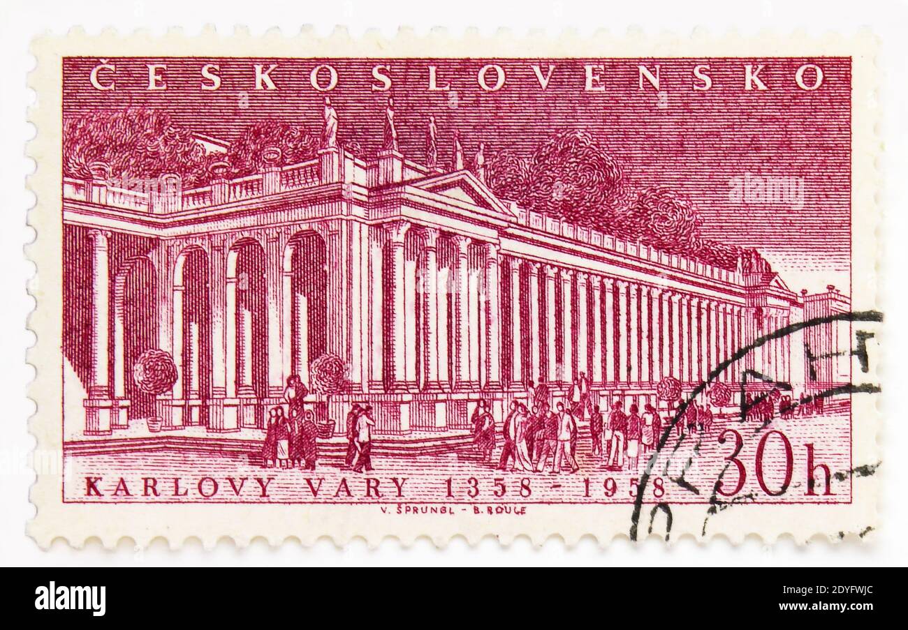 MOSCOW, RUSSIA - JULY 15, 2019: Postage stamp printed in Czechoslovakia shows Karlovy Vary, Czechoslovak Spa serie, circa 1958 Stock Photo