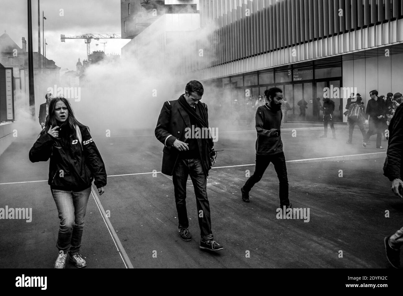 MAY 2016. The protesters in tear gas Place Charles de Gaulle. MAI 2016. Le mouvemet social du mois de Mai à Rennes, capitale de la Bretagne. Les manif Stock Photo
