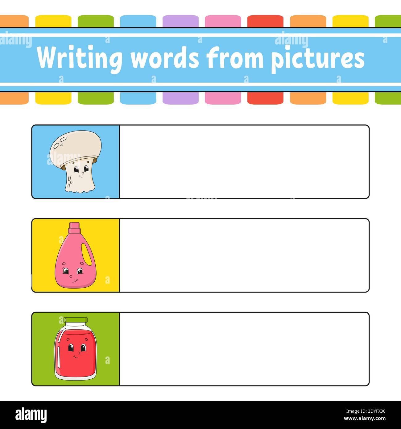 Writing words from pictures. Education developing worksheet. Learning game for kids. Activity page. Puzzle for children. Riddle for preschool. Isolate Stock Vector
