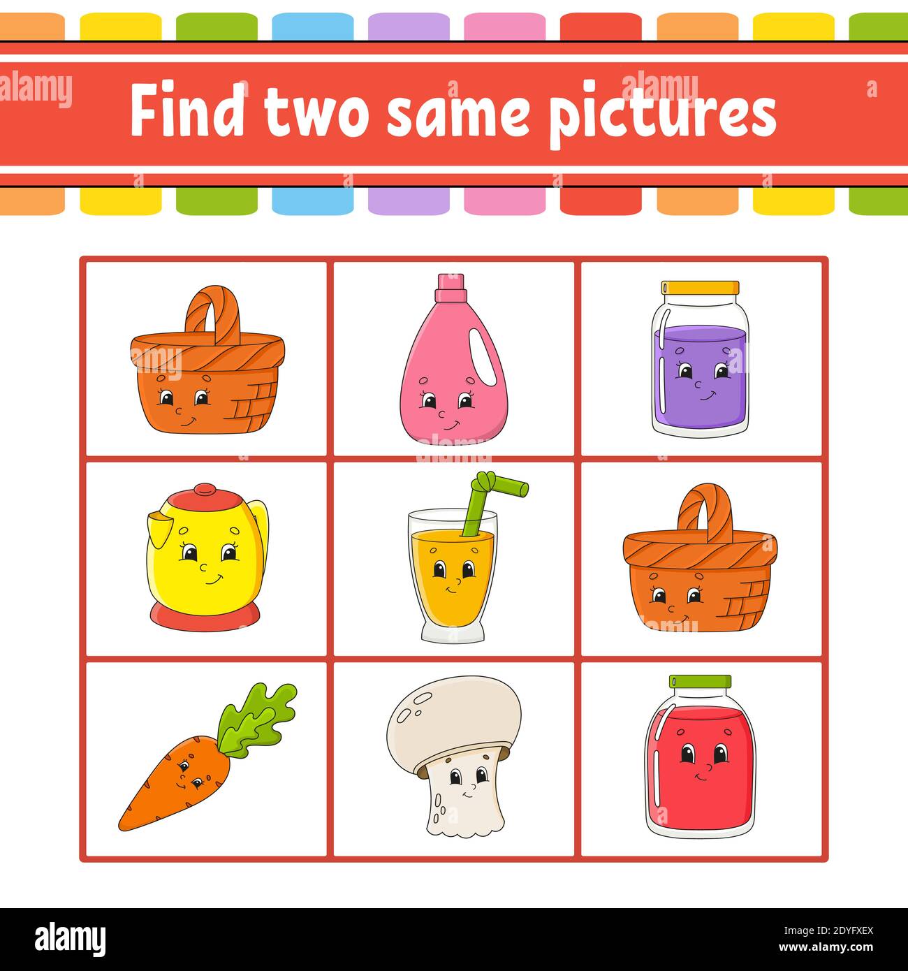 Find two same pictures. Task for kids. Education developing worksheet. Activity page. Game for children. Funny character. Isolated vector illustration Stock Vector