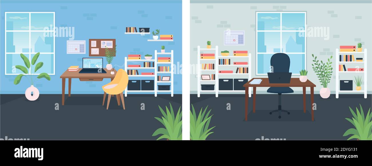 Office flat color vector illustration set Stock Vector