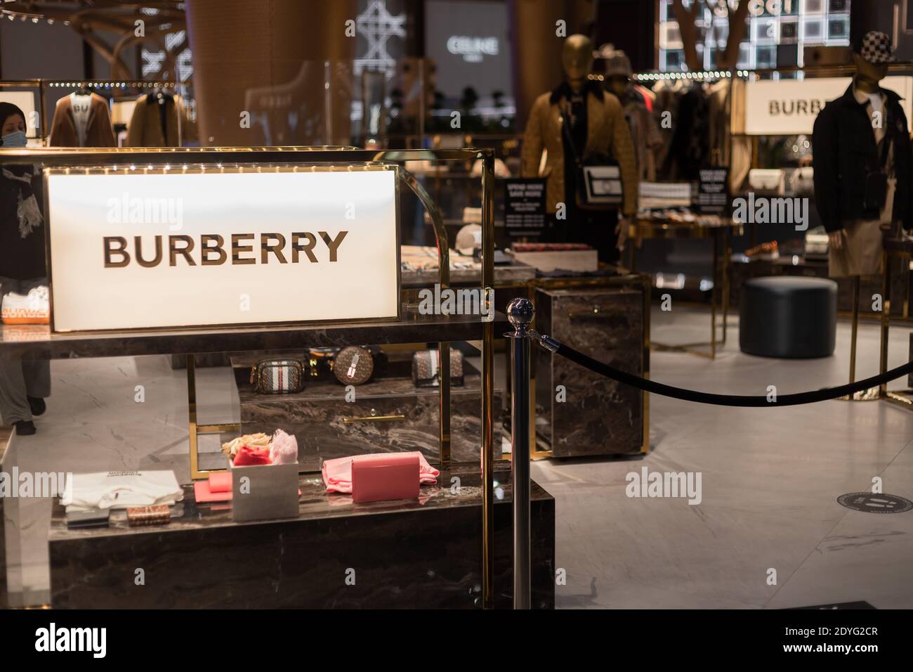 Istanbul, Turkey- Circa December 2020. Burberry logo above showcase bench.  Burberry is a British luxury fashion house, distributing outerwear, fashion  Stock Photo - Alamy