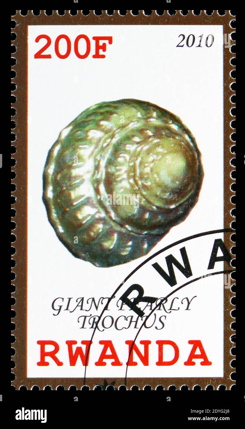 MOSCOW, RUSSIA - JULY 19, 2019: Postage stamp printed in Rwanda shows Giant pearly trochus, Seashells serie serie, circa 2010 Stock Photo