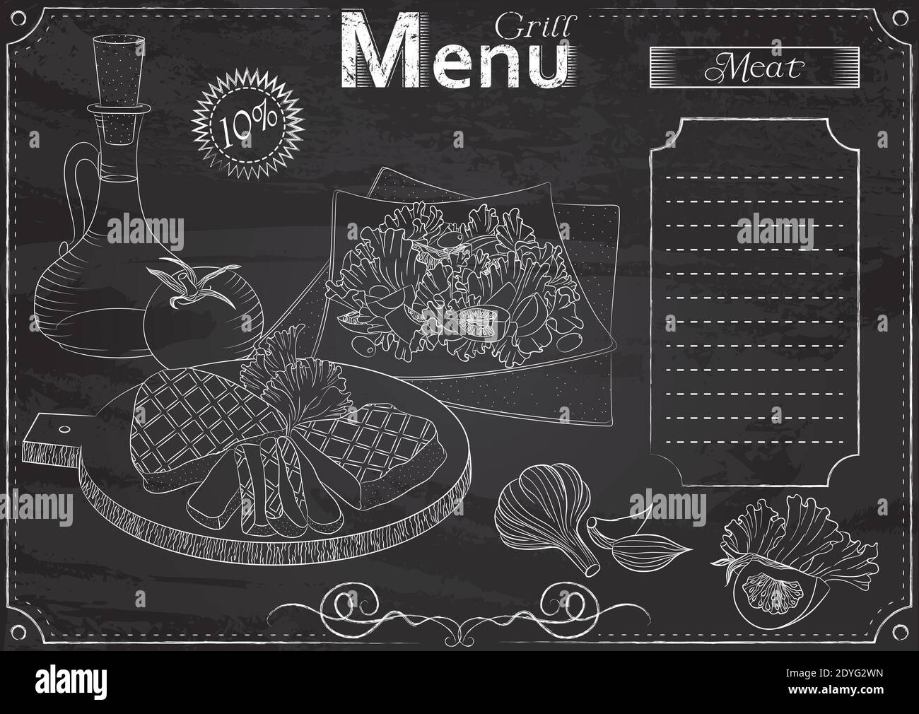 Vector template with grill elements for menu stylized as chalk drawing on chalkboard.Design for a restaurant, cafe or bar Stock Vector