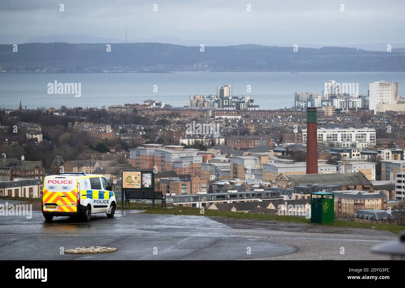 Police patrol Edinburgh city centre, where Covid-19 restrictions have been increased for three weeks from today in response to a new strain of the virus. Mainland Scotland is now in Level 4 – the toughest tier – and the islands have moved to Level 3. Stock Photo