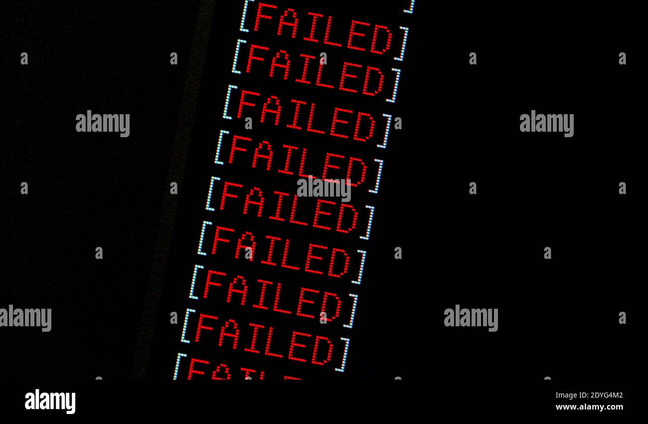 Failure concept, computer monitor display red word FAILED repeated many times, computation fatal error, program fail, software task chain failing Stock Photo