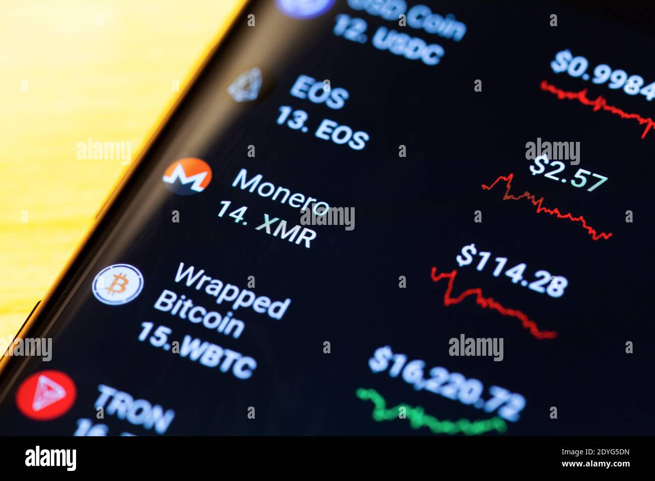 Monero crypto currency, cryptocurrency logos on smartphone display extreme closeup. Mobile phone app listing many different currencies, screen macro Stock Photo